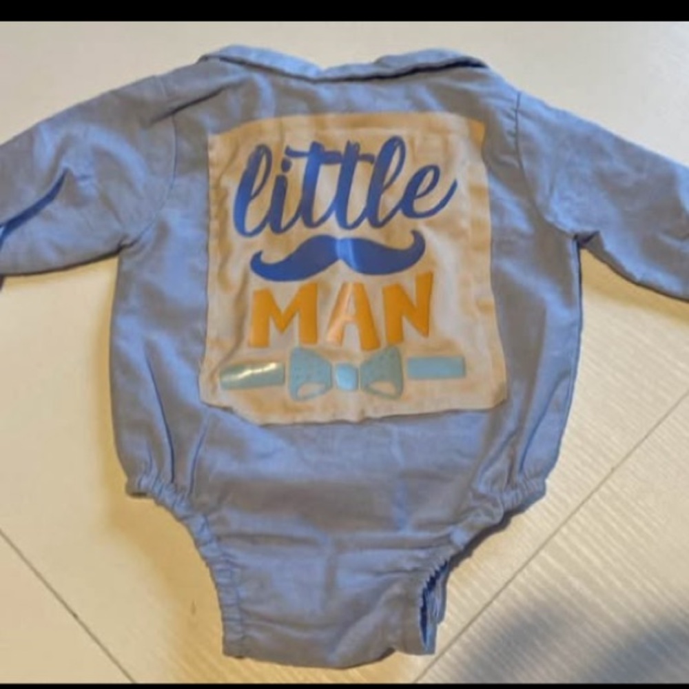Hand designed Blue "Little Man" boys One Piece size 0-3m